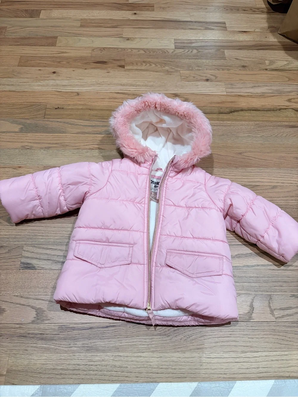 OshKosh baby girl pink warm winter coat with fleece interior and furry hood